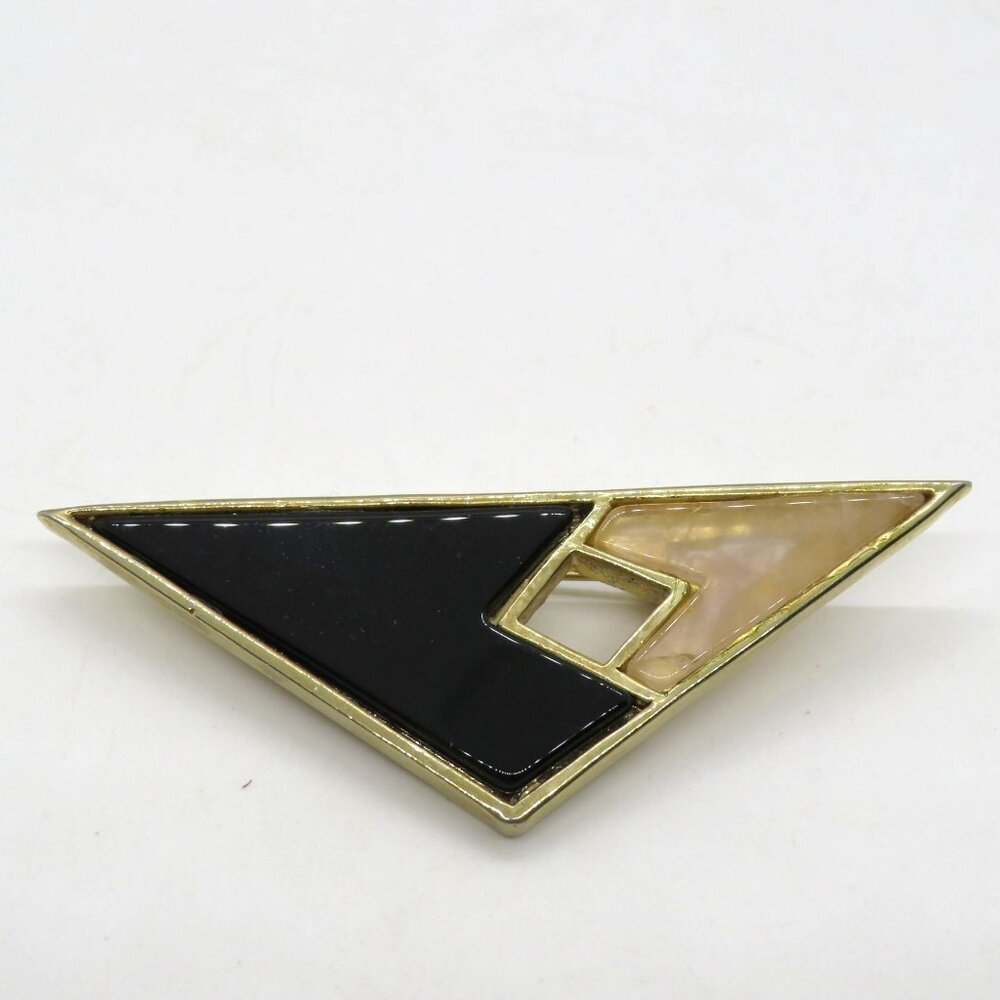 Vintage Triangle Brooch 3" Geometric Gold Tone Black Cream‎ Inlays